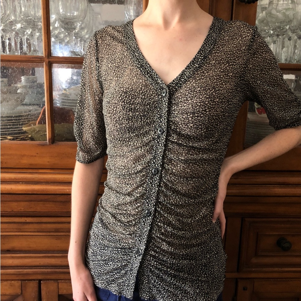 CAbi Black and Cream Ruched V-Neck Button Front Blouse
